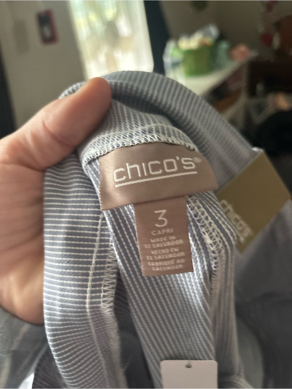 Chico's Slim Stripe Capri in Soft Blue and White